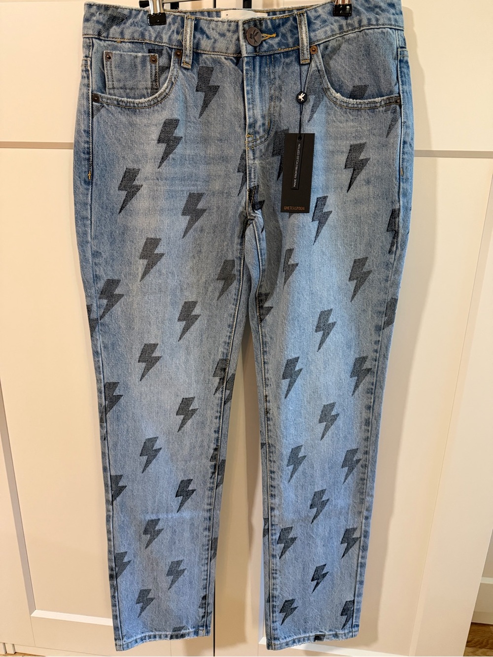 One Teaspoon Light Blue Lightning Print Straight Leg Jeans